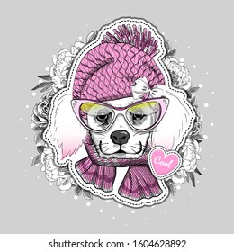 Pretty white dog with hat, glasses and knitted scarf.  Vector illustration of dressed poodle. Print on T-shirts, bags and other fashion products. Design children's clothing and accessories. 