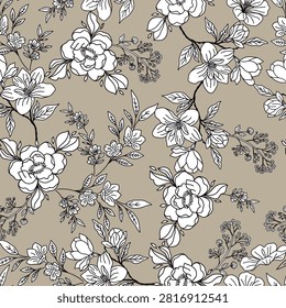 Pretty White Flower Branches on Neutral Background Vector Seamless Pattern