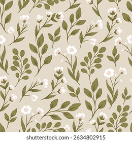 Pretty White Flowers Branches Vector Seamless Pattern
