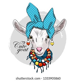 Pretty white goat with blue turban, earrings, necklace and scarf. Hand drawn illustration of dressed goat. Vector illustration.