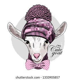 Pretty white goat with bow, hat and scarf. Hand drawn illustration of dressed goat. Vector illustration.