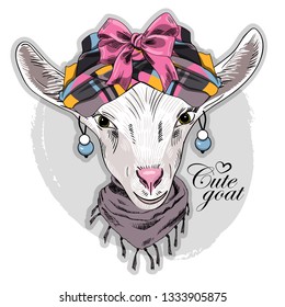 Pretty white goat with checkered turban, earrings and scarf. Hand drawn illustration of dressed goat. Vector illustration.