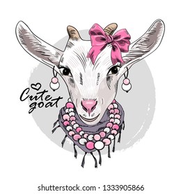 Pretty white goat with earrings, necklace, pink bow and gray scarf. Hand drawn illustration of dressed goat. Vector illustration.