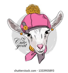 Pretty white goat with earrings, pink hat and scarf. Hand drawn illustration of dressed goat. Vector illustration.