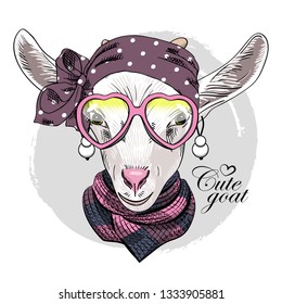 Pretty white goat with pink glasses, earrings, turban and knitted  scarf. Hand drawn illustration of dressed goat. Vector illustration.