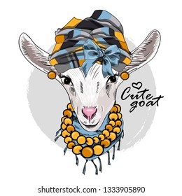 Pretty white goat with turban, earrings, necklace and blue scarf. Hand drawn illustration of dressed goat. Vector illustration.