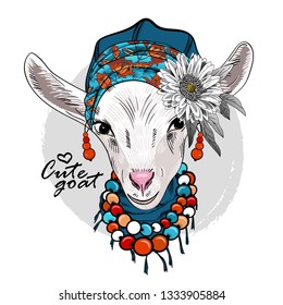 Pretty white goat with turban, flower, earrings, necklace and scarf. Hand drawn illustration of dressed goat. Vector illustration.