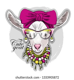 Pretty white goat with turban, pink glasses, earrings, necklace and green scarf. Hand drawn illustration of dressed goat. Vector illustration.