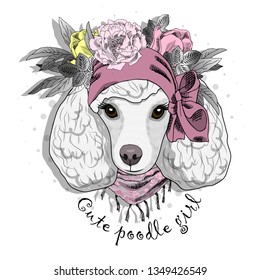 Pretty white poodle with wreath, flowers and scarf. Hand drawn illustration of dressed dog.  Vector illustration.