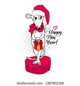 Pretty white rat - santa claus with a red cap and scarf. Vector hand drawn illustration of dressed mouse with present. Happy New Year. Merry Christmas. 