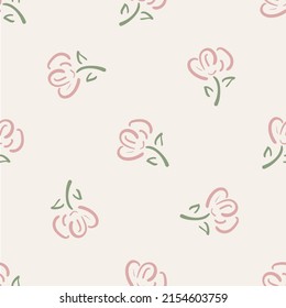 Pretty wildflower seamless vector pattern background. Pink sage green meadow flower buds backdrop. Hand drawn line art outline botanical design.Garden flora cottagecore aesthetic style all over print.