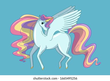 Pretty winged unicorn with waving mane and tail colored like a rainbow. Vector illustration in cute cartoon style
