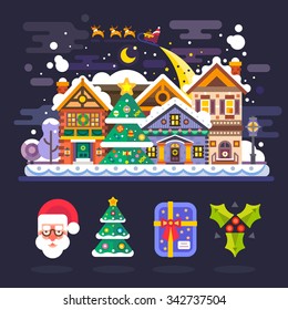 Pretty winter village landscape with snow covered houses and Santa Claus in sleigh with deers flying over it. Isolated icons: Santa, xmas tree, christmas gift, mistletoe. Flat vector illustration. 