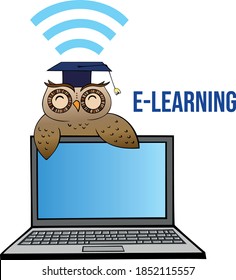 Pretty, wise owl with laptop, computer. Online education concept. E learning, e school.