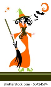 Pretty witch and bats on a white background. Halloween illustration.