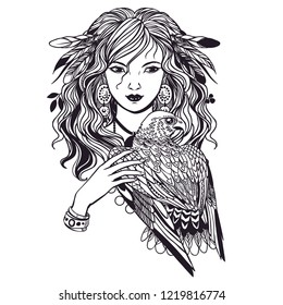 Pretty witch with bird of prey. Vector hand drawn llustration