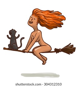 Pretty witch with black cat flying on a broom