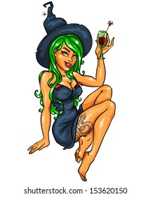 Pretty witch with cocktail. Isolated