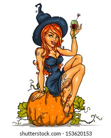 Pretty witch with cocktail sitting on pumpkin. Isolated