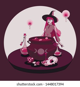 Pretty witch cooking potion in cauldron of complimentary pink color