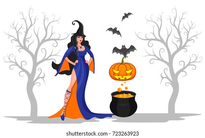 Pretty witch cooks pumpkin soup in the pot together with bats for the Halloween party