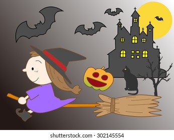 Pretty witch to fly about on a broom of the magic in Halloween