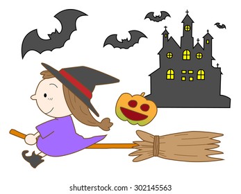 Pretty witch to fly about on a broom of the magic in Halloween