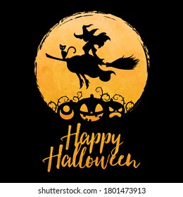 Pretty witch flying on broom with cat against full moon and face pumpkin silhouette. Happy halloween greeting concept vector illustration.