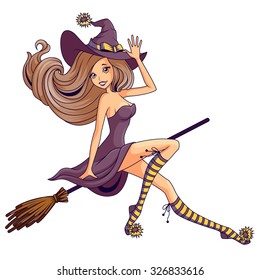 Pretty witch flying on the broom isolated