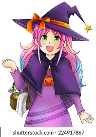Pretty witch of Halloween in Japanese manga style in isolated background, create by vector 