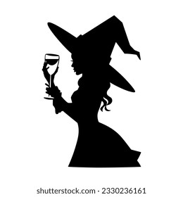 Bastante Bruja en una fiesta de Halloween. Una mujer con traje de bruja bebe vino. Silueta negra. Estilo de caricatura dibujado a mano. Ilustración plana vectorial aislada en fondo blanco.