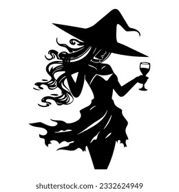 Pretty Witch at a Halloween party. Woman in witch costume drink wine. Black silhouette. Hand drawn cartoon style. Vector flat illustration isolated on white background.