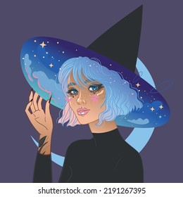 Pretty witch in a hat with blue brim. Vector had drawn illustration