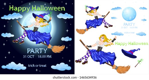 Pretty witch in hat flies on broom. Party poster, invitation, banner or flyer. October 31. Trick or treat! Happy Halloween! Separated layers. White background transparent in EPS. Vector illustration.