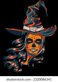 Pretty witch with hat on black background. Vector hand drawn illustration