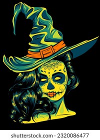Pretty witch with hat on black background. Vector hand drawn illustration