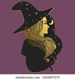 Pretty witch in hat. Vector hand drawn illustration