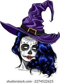 Pretty witch with hat. Vector hand drawn illustration