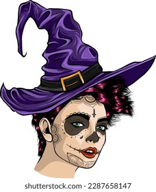 Pretty witch with hat. Vector hand drawn illustration