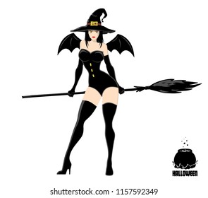 Pretty witch in magic hat with broom. Design element for Halloween banner or holiday card. Vector illustration isolated on white background.