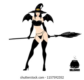 Pretty witch in magic hat with broom. Design element for Halloween banner or holiday card. Vector illustration isolated on white background.