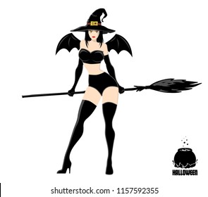 Pretty witch in magic hat with broom. Design element for Halloween banner or holiday card. Vector illustration isolated on white background.