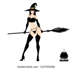 Pretty witch in magic hat with broom. Design element for Halloween banner or holiday card. Vector illustration isolated on white background.