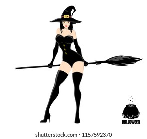Pretty witch in magic hat with broom. Design element for Halloween banner or holiday card. Vector illustration isolated on white background.
