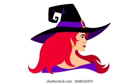 Bastante bruja con sombrero mágico. Joven adorable mujer, traje de hechicero morado, pelo largo revoloteando, hermosa cara. Concepto de brujería y halloween. Realista retrato femenino en estilo moderno y plano.