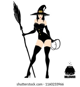 Pretty witch in old magic hat with broom. Design element for Halloween banner or holiday card. Vector illustration isolated on white background.