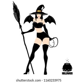 Pretty witch in old magic hat with broom. Design element for Halloween banner or holiday card. Vector illustration isolated on white background.
