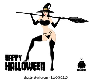 Pretty witch in old magic hat with broom. Design element for Halloween banner or holiday card. Vector illustration isolated on white background.