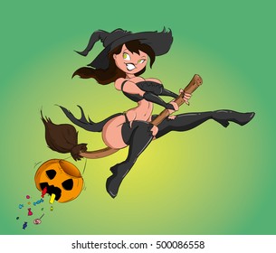 pretty witch on a broom with pumpkin. Halloween holiday. Vector illustration