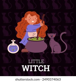 A pretty witch, preparing a potion. Vector Halloween greeting card with a picture of a black cat and a young witch who cooks a magic potion in a cauldron